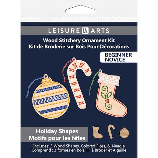 Leisure Arts&#xAE; Beginner Holiday Shapes 3 Piece Wood Stitchery Ornament Kit